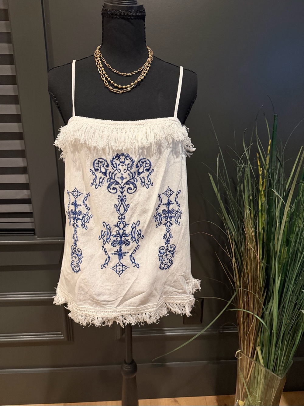 White Fringe Camisole with Blue Embroidery